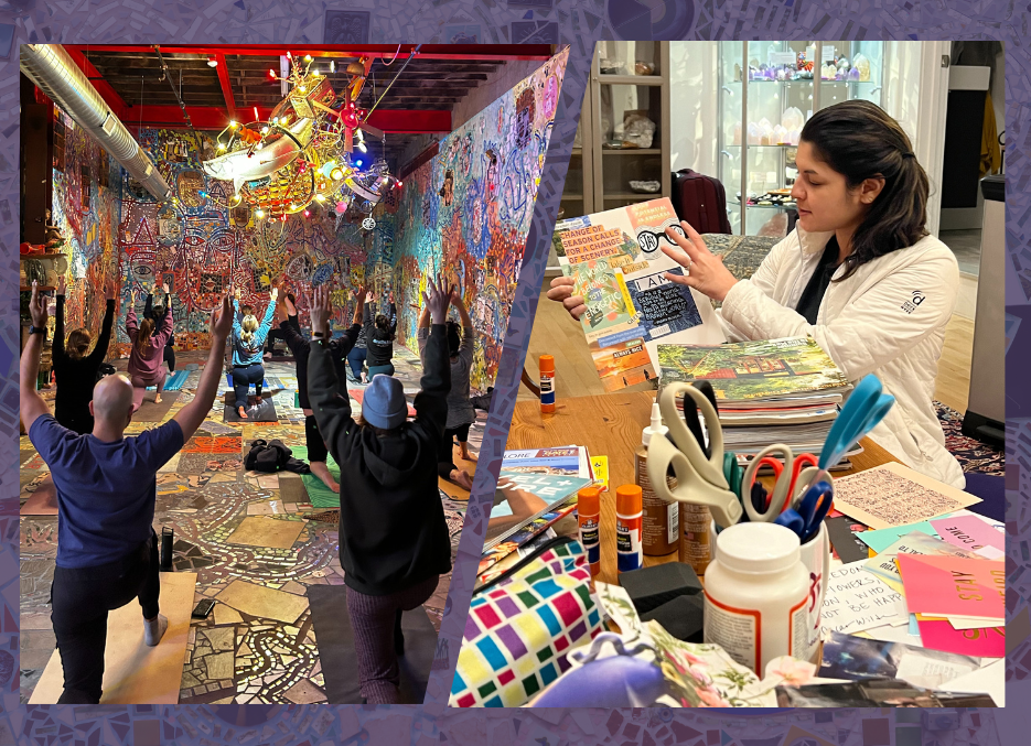 A split image showing people practicing yoga on one side and a woman creating a collage on the other.